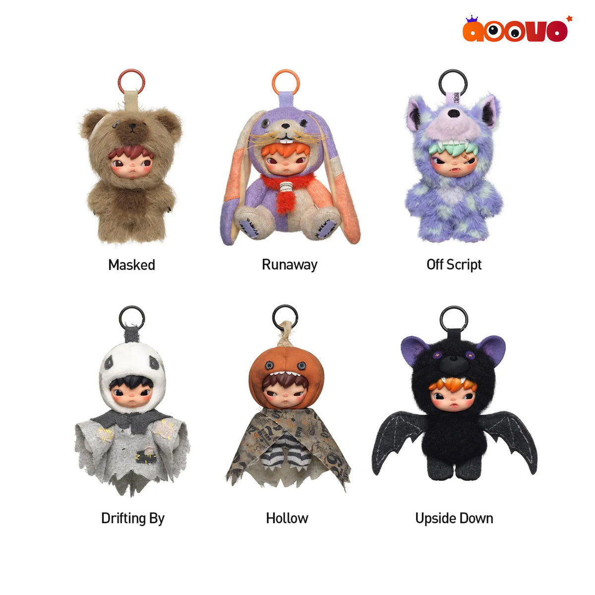 Six cute plush doll keychains in different costume outfits arranged in a 2x3 grid on a white background, each with a black metal key ring and a colorful text label underneath.