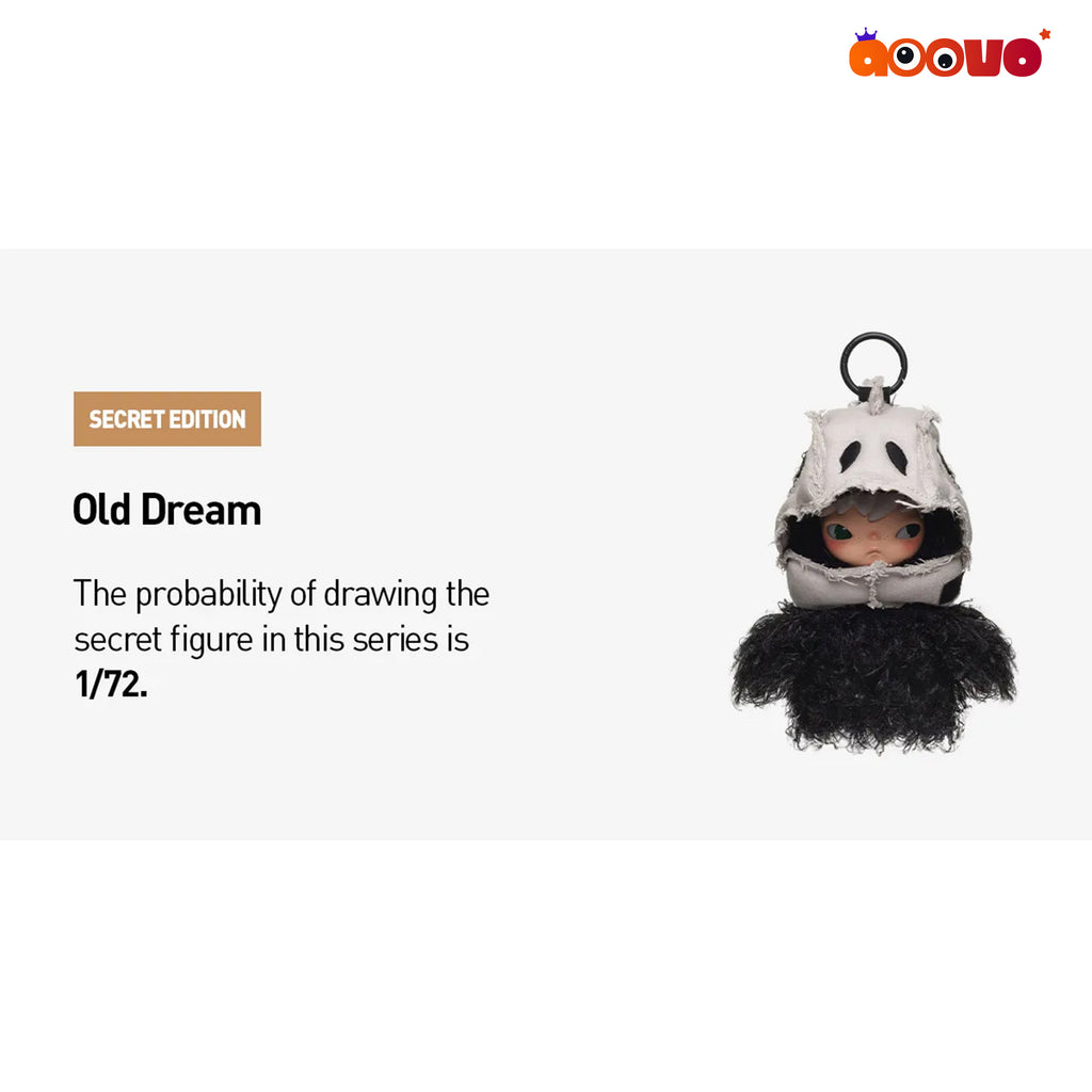 A promotional product image for an Aoaou 'Old Dream' Secret Edition collectible doll. The doll is dressed in a white hood with black eye cutouts and a fluffy black beard, attached to a black ring.