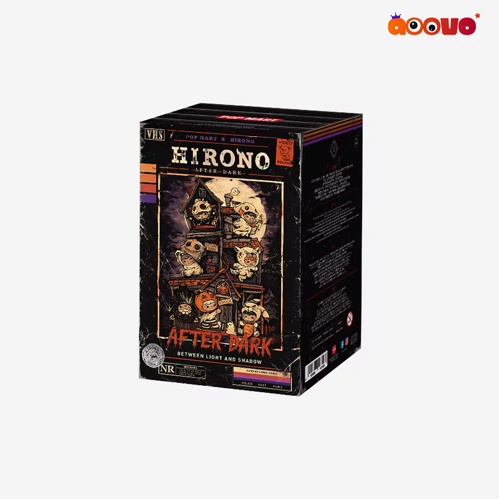 A boxed product labeled HIRONO AFTER DARK, shown upright on a plain light gray background. The box is predominantly black with illustrated artwork in warm brown, orange, and muted purple tones, plus small accent stripes in orange, purple, and white.