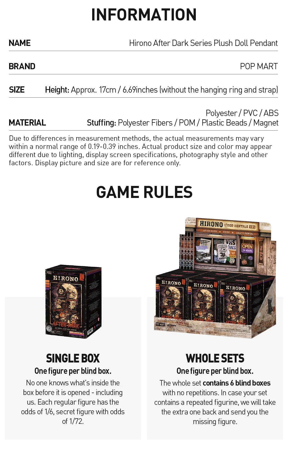 An informational product sheet for the Hirono After Dark Series Plush Doll Pendant by Pop Mart, showing product dimensions, material composition, and game rules with small product photos of the pendant and its blind-box packaging.