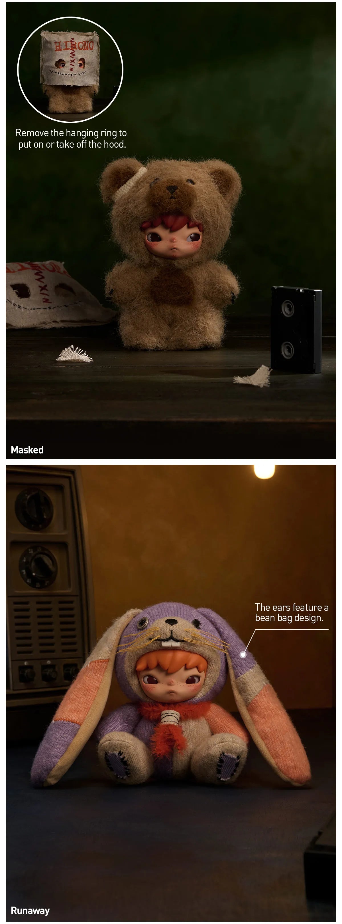 A two-panel product presentation of a plush bear and bunny hooded doll. The top panel shows the hooded doll sitting on a dark wooden surface with a small hook to remove the hood, labeled 'Masked'.