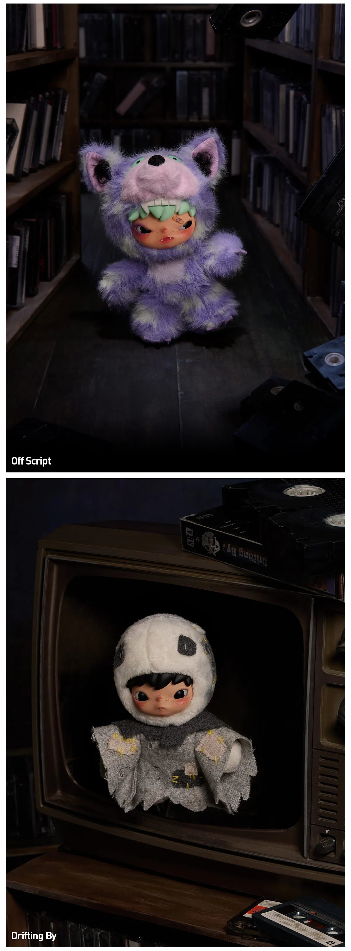 A two-panel image showing a small plush doll or character toy in different outfits. The top panel shows the doll wearing a fuzzy lavender-purple hooded outfit with cat-like ears, seated in a dark room with bookshelves.