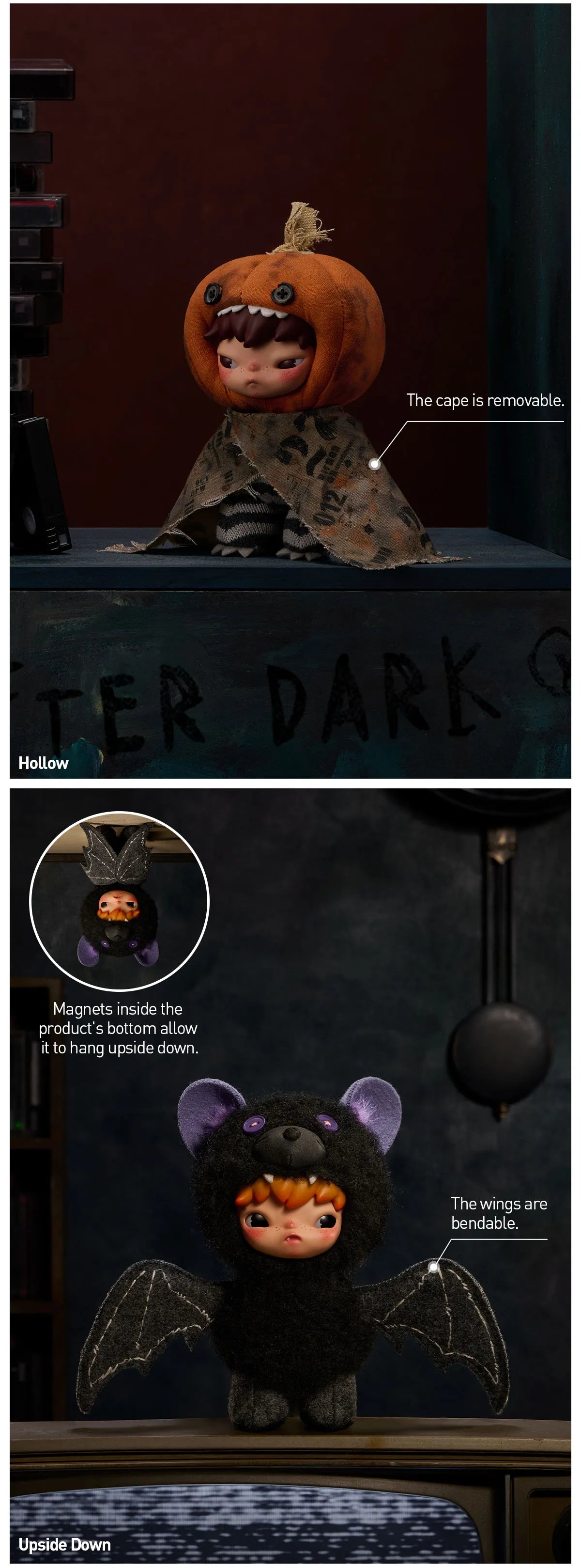 A two-panel product presentation of a Halloween doll costume set. The top panel shows the doll wearing a carved pumpkin headpiece and a patterned cape, sitting on a dark display table with text noting the cape is removable.