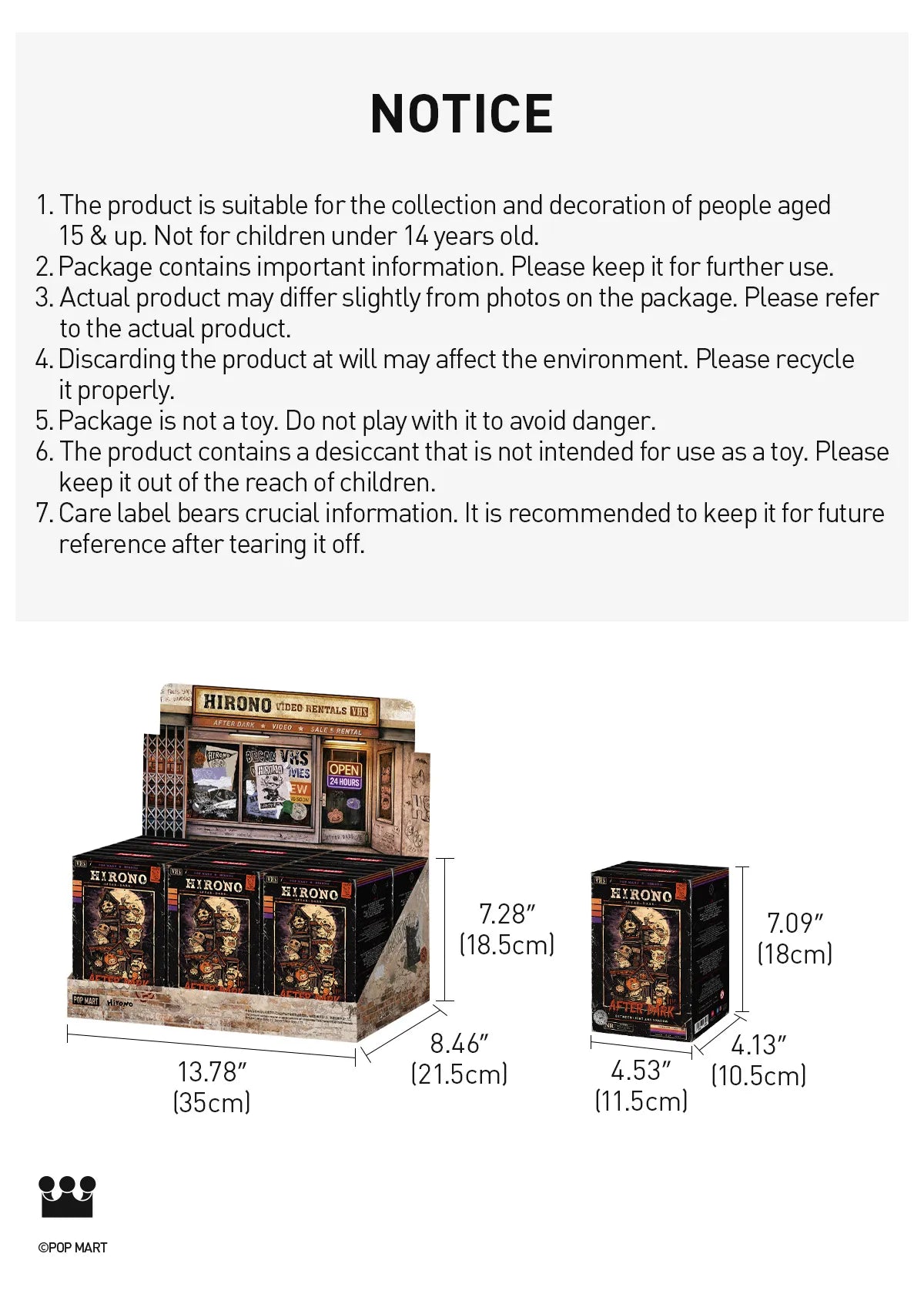 A product notice sheet with English text warning about age suitability, package contents, and handling, plus two rendered views of a toy display set showing dimensions.