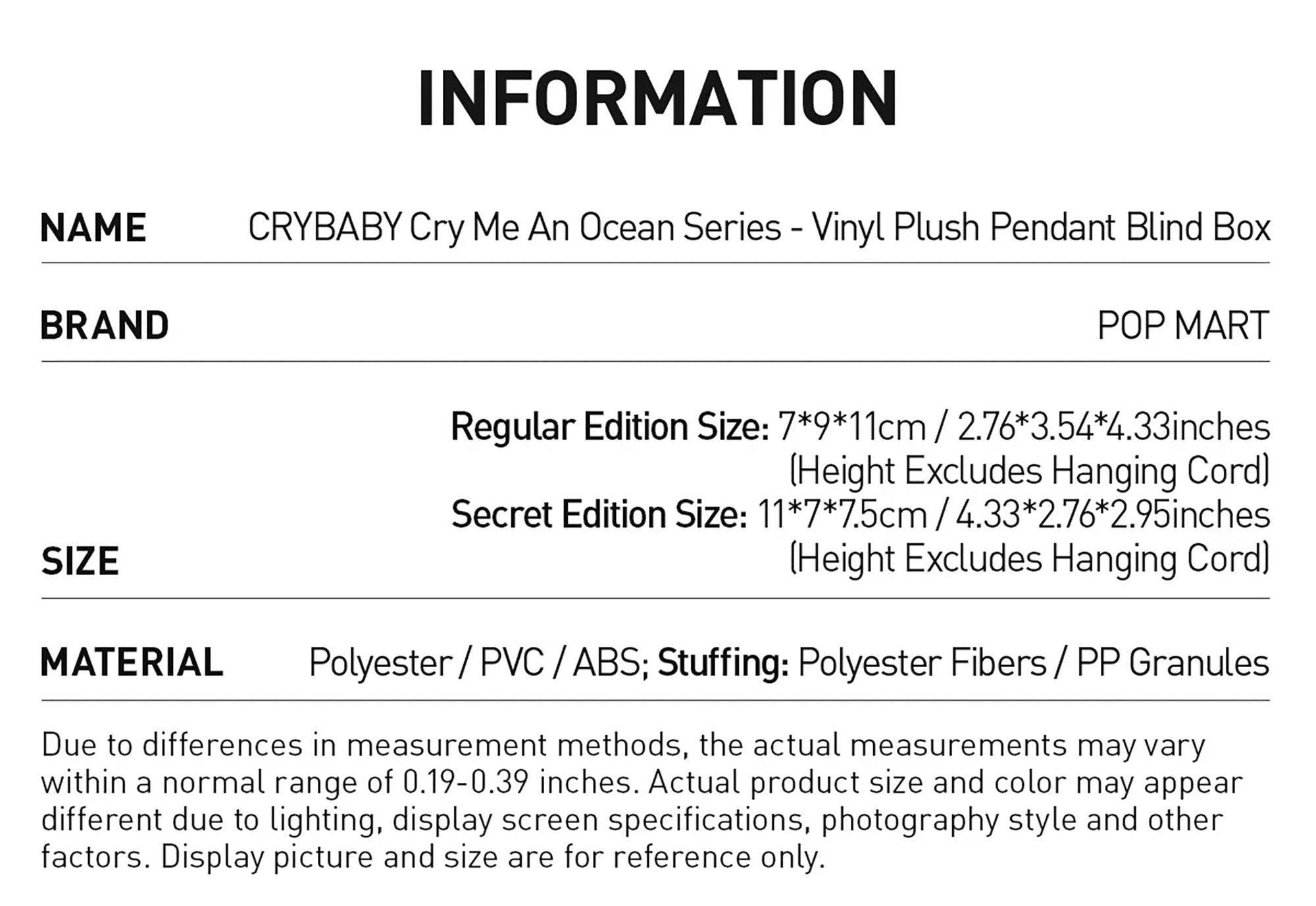 CRYBABY Cry Me An Ocean Series Vinyl Plush Pendant Blind Box