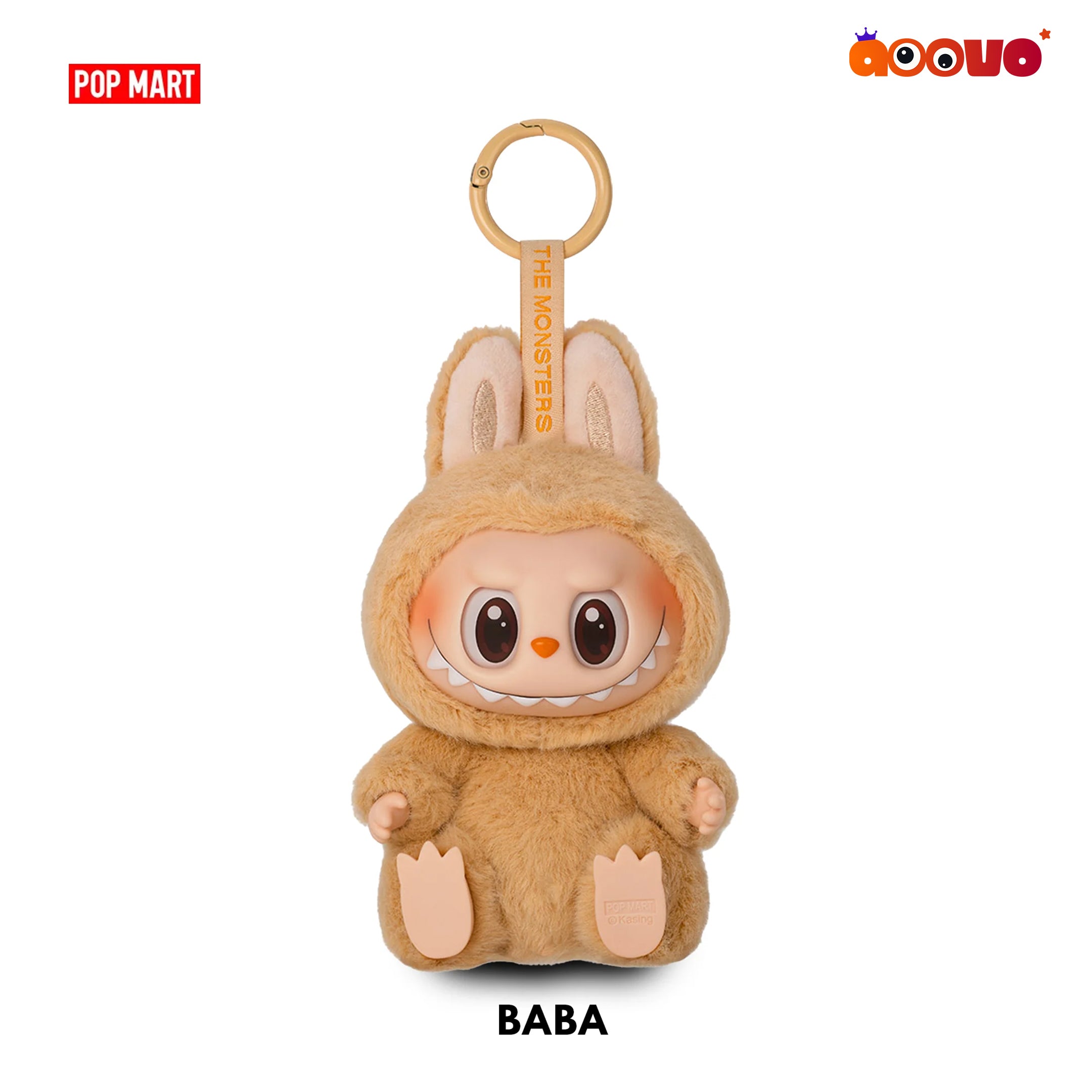 Plush keychain toy with a character design, featuring the brand 'Pop Mart' and 'AOUOU'.