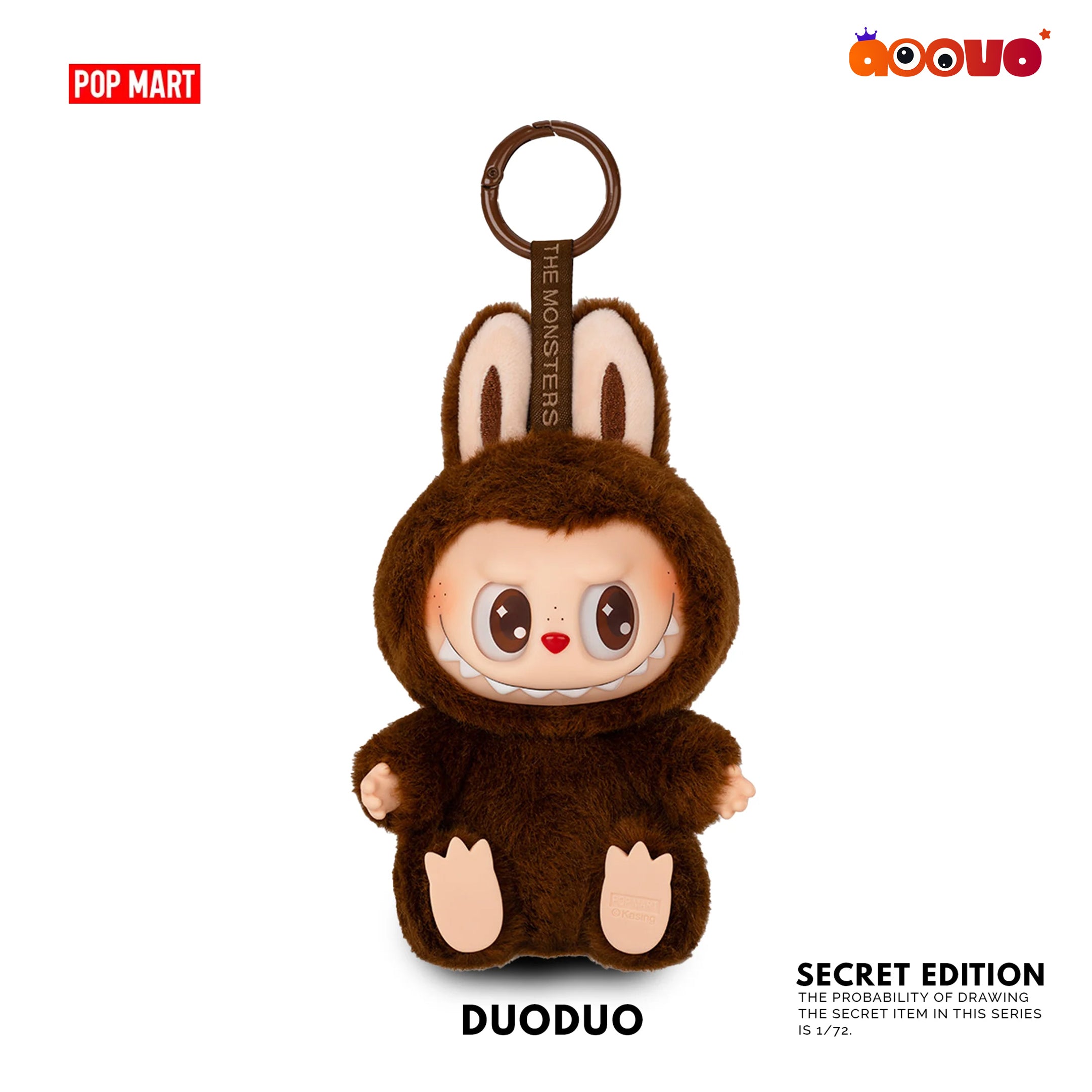 Plush keychain toy in a brown bunny costume with visible branding on a white background