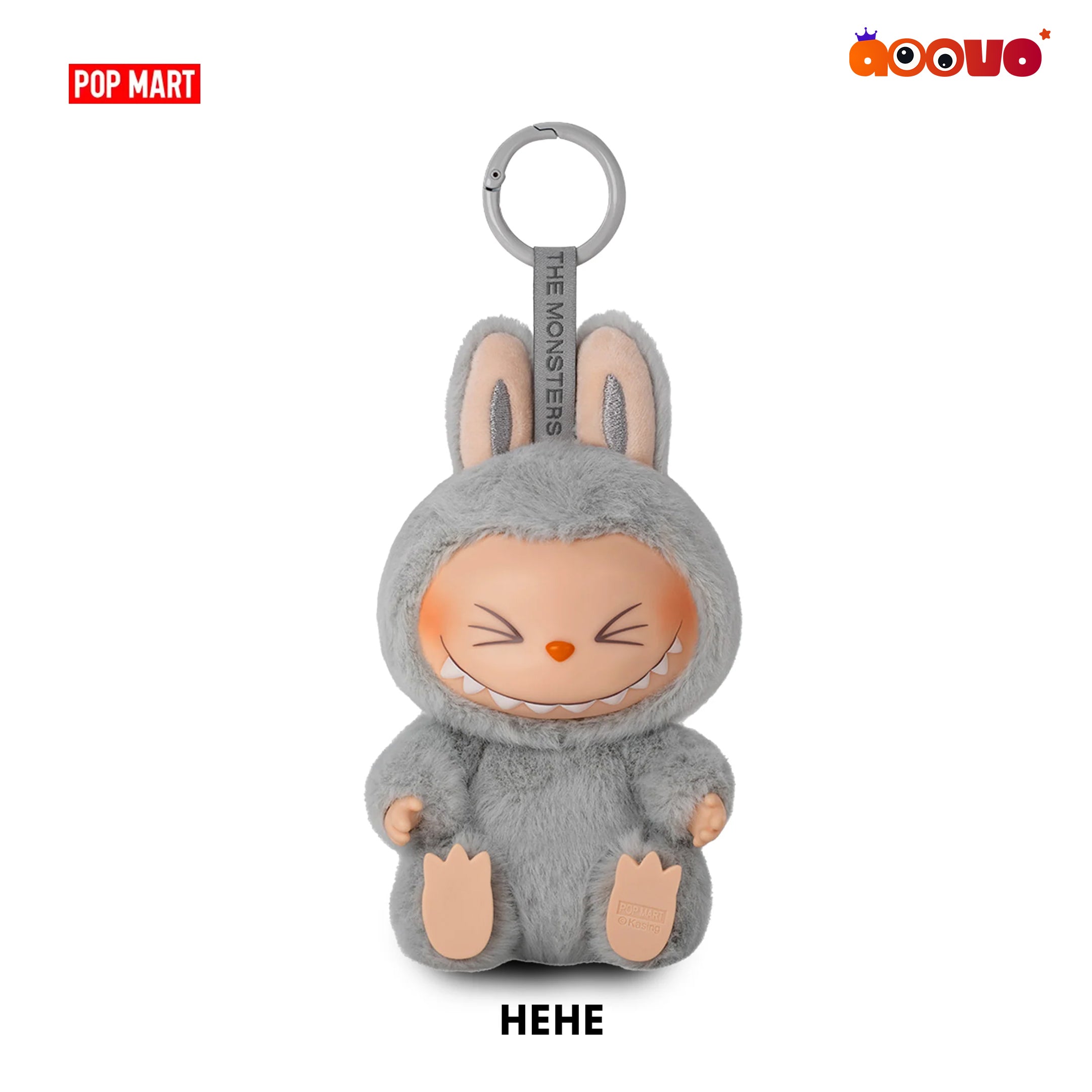 Plush toy keychain in a gray bunny costume with 'HEHE' text on a white background, featuring Pop Mart and OOUO logos.