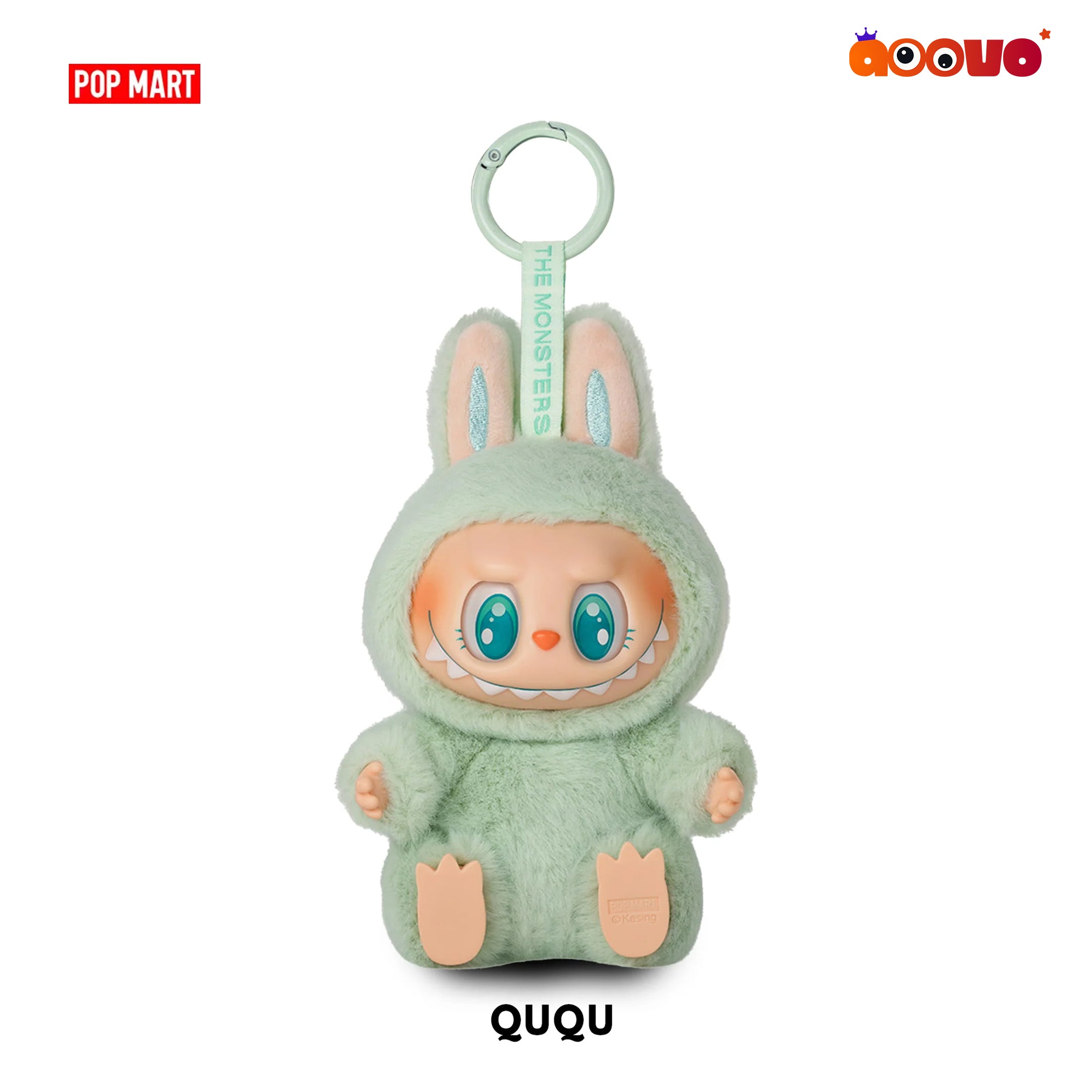 Plush toy with a green hood and peach-colored face on a white background, featuring the Pop Mart and Ququ logos.