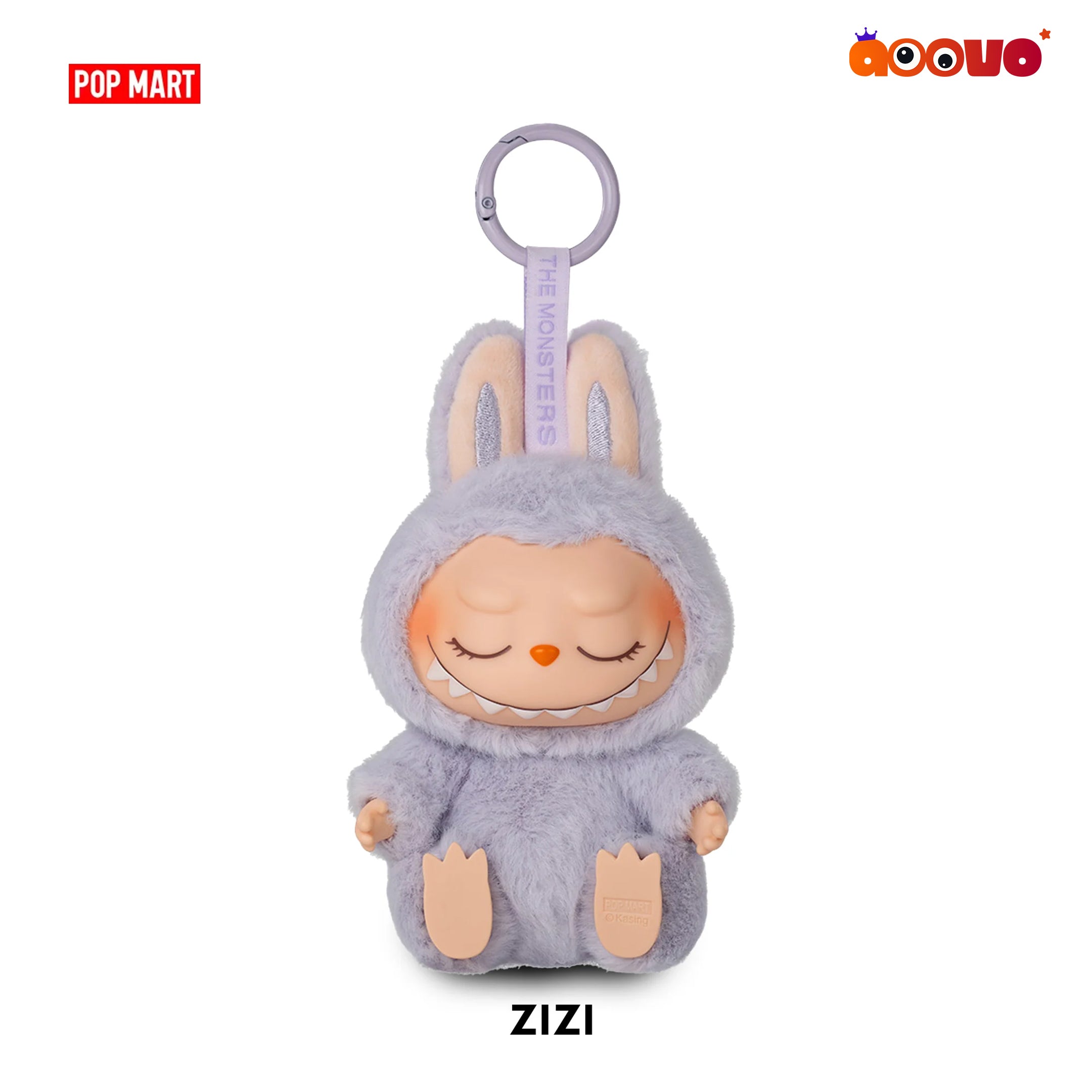 Plush toy with a bunny costume on a white background, featuring the brand 'Pop Mart' and 'ZIZI'.
