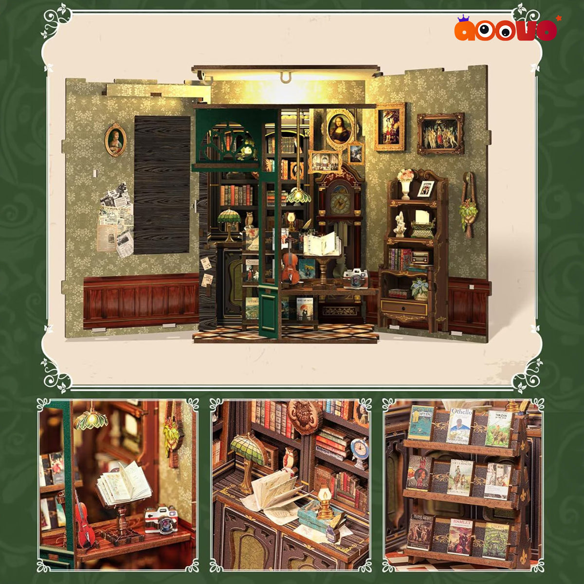 A miniature dollhouse-style bookshelf and study room set shown open from the front, with three smaller detail views along the bottom. The set includes dark wood shelves, books, lamps, framed pictures, a desk, and a bench, all rendered in a vintage interior design.