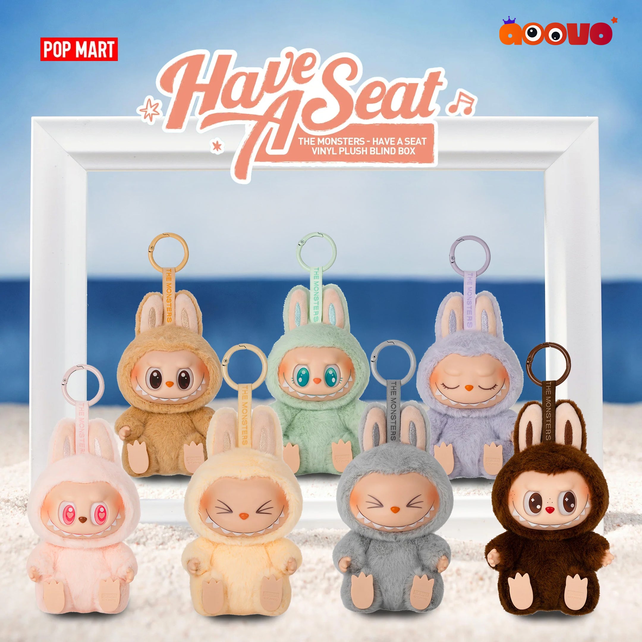 Set of plush keychains in various animal costumes with a scenic background